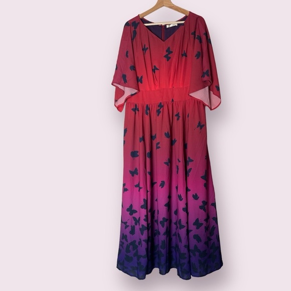 Wayward Fancies eShakti Kimono Sleeve Ombre Butterfly Print Crepe Dress Size 16 - Picture 2 of 8